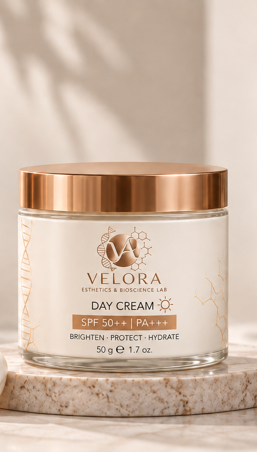 Velora Day Cream jar with benefits — broad spectrum SPF, brightens, hydrates, protects