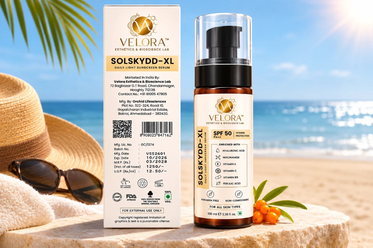 Solskydd-XL Sunscreen Serum bottle and carton on a beach