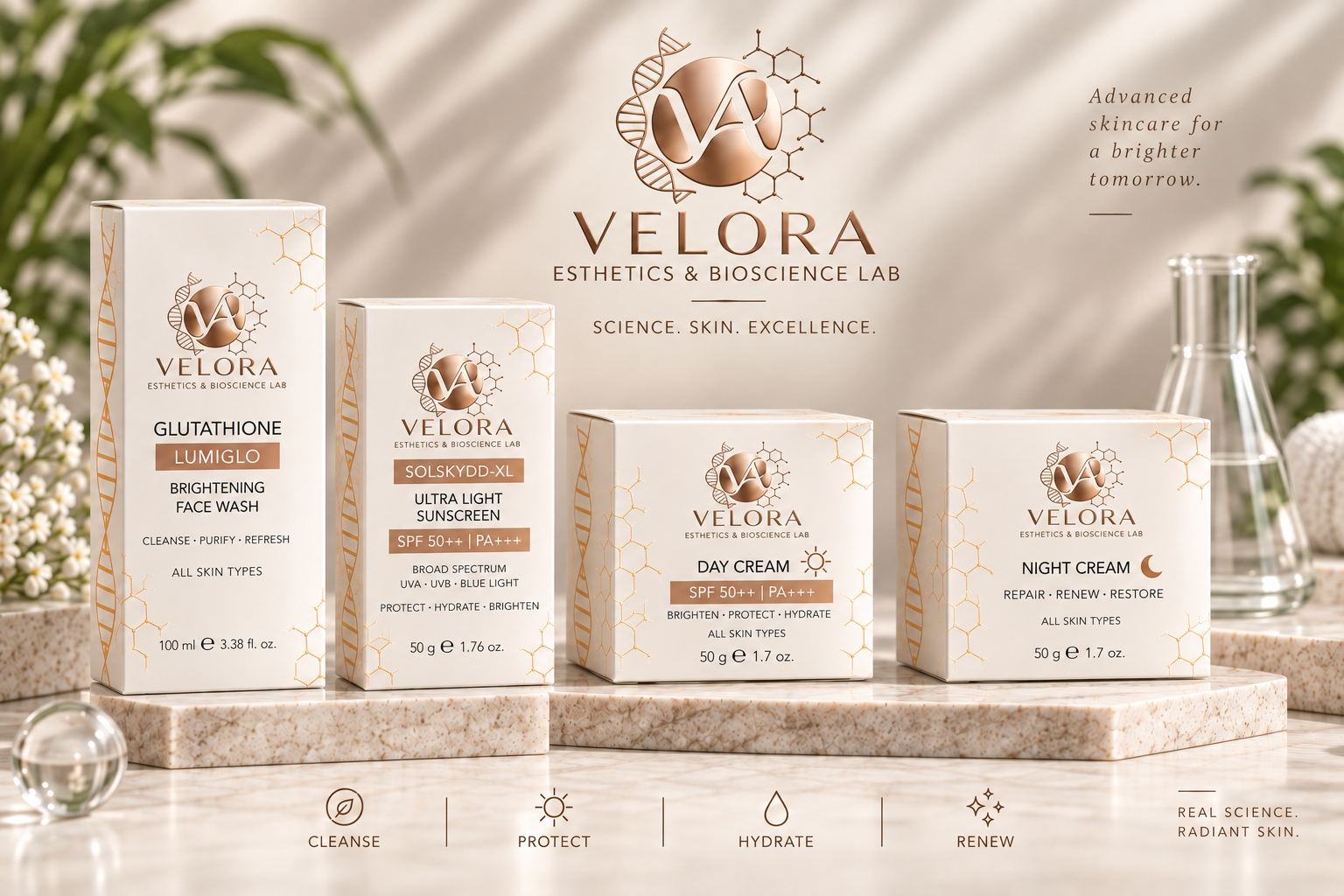 Velora Esthetics & Bioscience Lab full range — Day Cream, Night Cream, Face Wash and Sunscreen