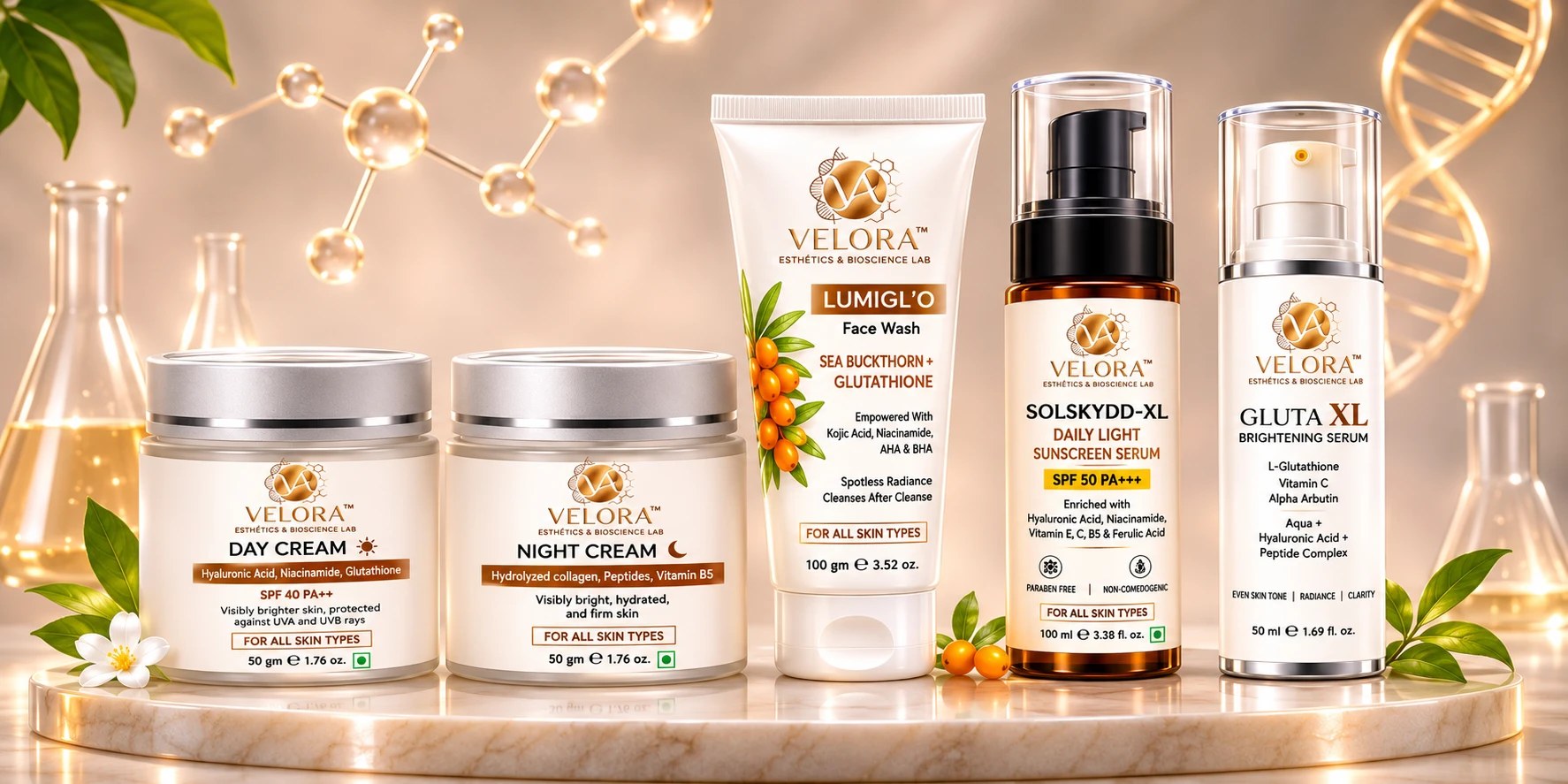 The Velora range on a lit pedestal: Day Cream, Night Cream, LUMIGL’O Face Wash, Solskydd-XL Sunscreen Serum and Gluta XL Brightening Serum, with molecules and a DNA helix behind them