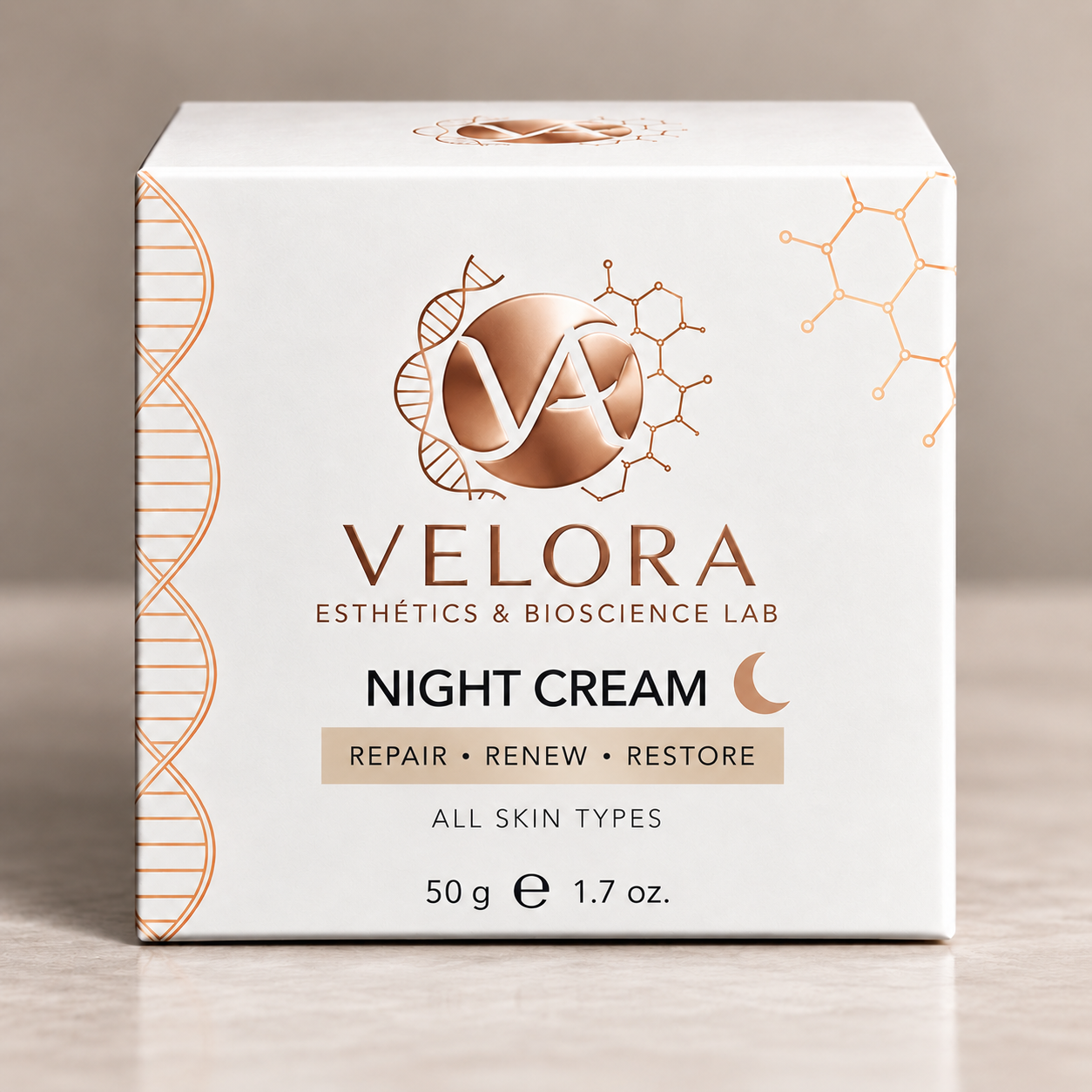 Velora Night Cream carton, Repair Renew Restore