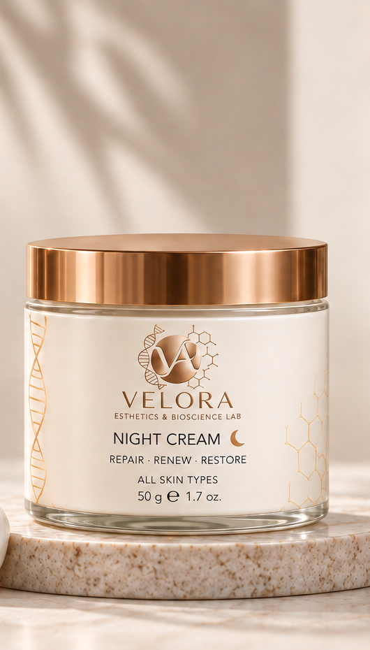 Velora Night Cream jar with benefits — supports night-time repair, renews radiance, hydrates, strengthens barrier