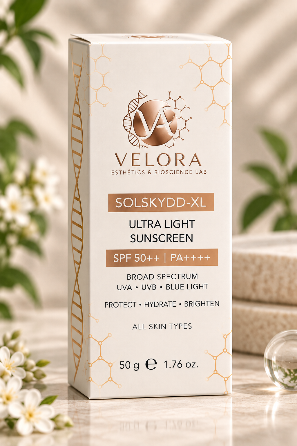 Velora Ultra Light Sunscreen carton, broad spectrum UVA UVB Blue Light